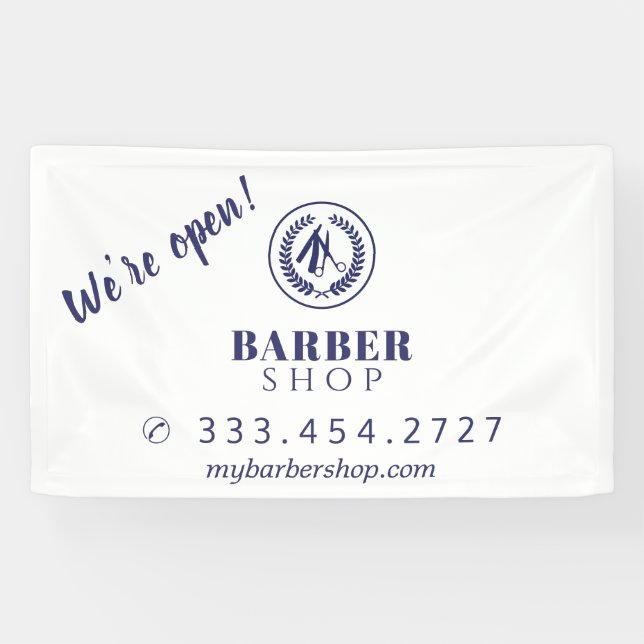 Barber shop simple modern blue logo advertising banner (Horizontal)