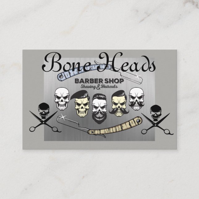 Barber Shop Skulls,CrossScissors in Greys on Business Card (Front)