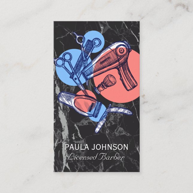 Barber Shop Tools | Black Marble  Business Card (Front)