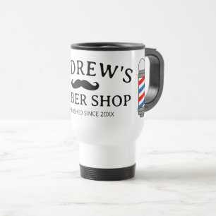 Barber shop travel mug with black mustache logo