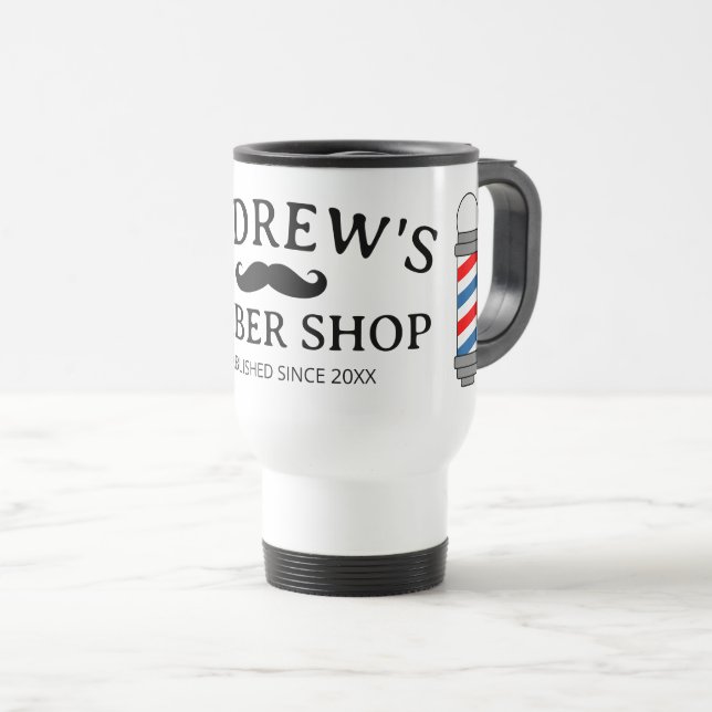 Barber shop travel mug with black mustache logo (Front Right)