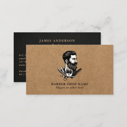 Barber Shop Vintage Bearded Man Faux Kraft QR Code Business Card