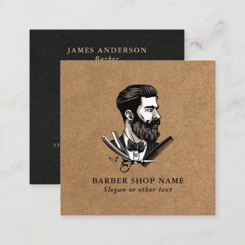 Barber Shop Vintage Bearded Man Faux Kraft QR Code Square Business Card