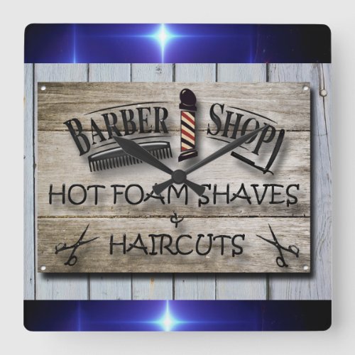 Barber Shop Vintage BlackGrey Blue Square Wall Clock