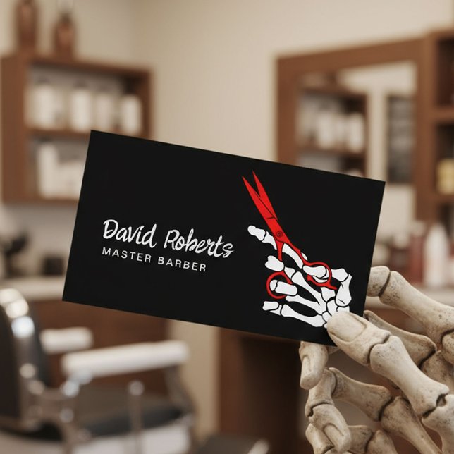 Barber Skeleton Hand & Red Scissor Hair Stylist Business Card (Creator Uploaded)
