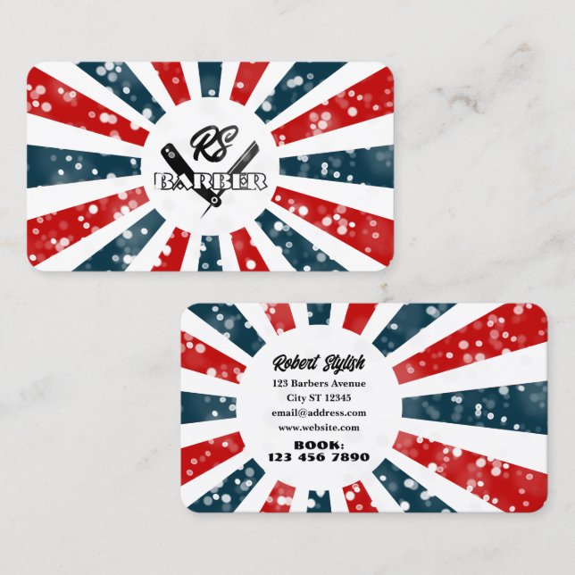 Barber sparkly rays blue and red stripes with logo business card (Front/Back)