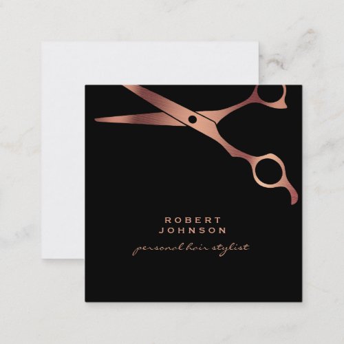 Barber Stylist Luxury Black Copper Scissors Square Business Card