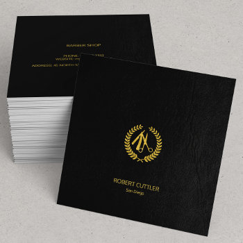 Barber Stylist Luxury Gold Black Leather Look Square Business Card by uniqueoffice at Zazzle