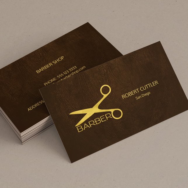 Barber stylist luxury gold dark brown leather look business card (Creator Uploaded)