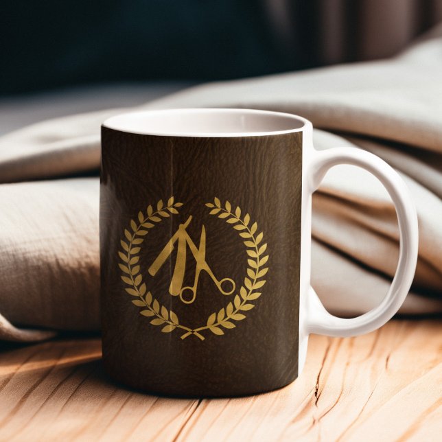 Barber stylist luxury gold dark brown leather look coffee mug (Creator Uploaded)