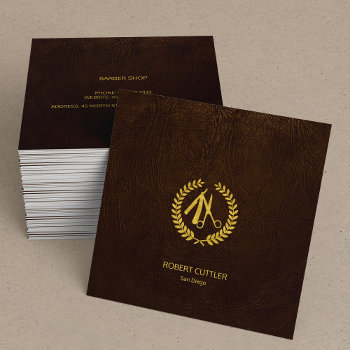 Barber Stylist Luxury Gold Dark Brown Leather Look Square Business Card by uniqueoffice at Zazzle