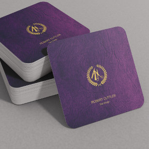 Barber stylist luxury gold purple leather look square business card