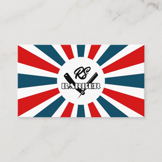 Barber Sun rays blue and red stripes with logo Business Card (Front)