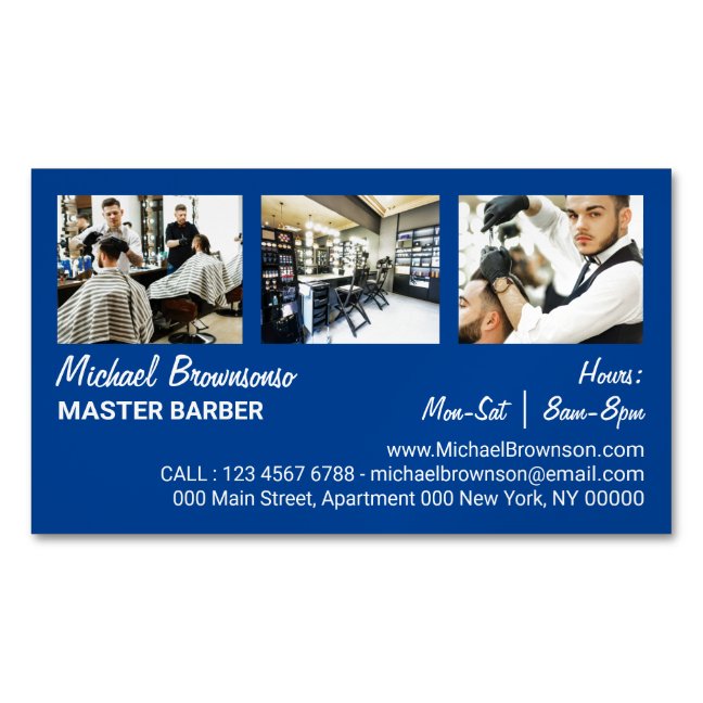 Barber Three Photo Simple Minimalist navy Business Card Magnet