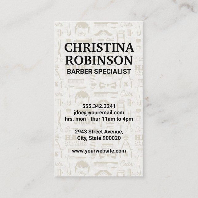 Barber Tools and Icon Patterns Business Card (Front)