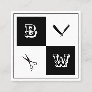 Barber tools coat of arms black white square business card