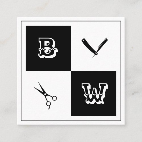 Barber tools coat of arms black white square business card