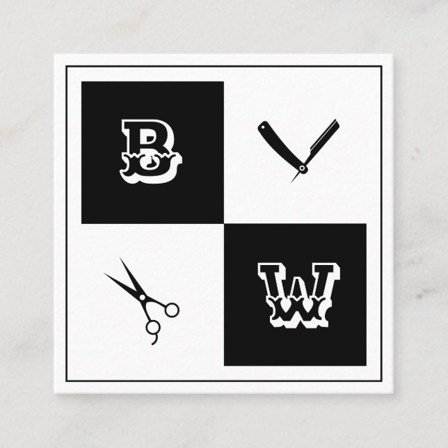 Barber tools coat of arms black white square business card (Front)