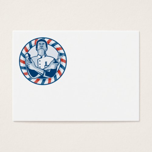 Barber With Pole Hair Clipper and Scissors Retro Business Card Template