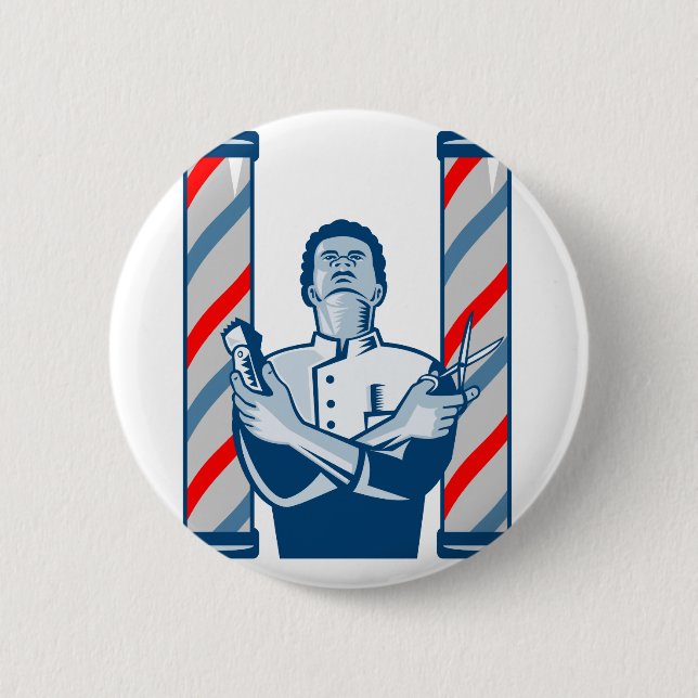 Barber With Pole Hair Clipper and Scissors Retro Pinback Button (Front)