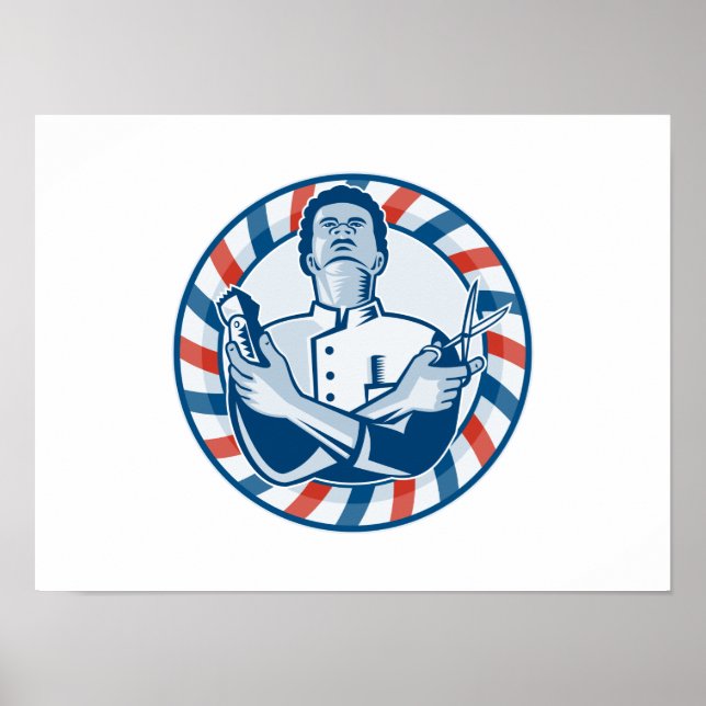 Barber With Pole Hair Clipper and Scissors Retro Poster (Front)