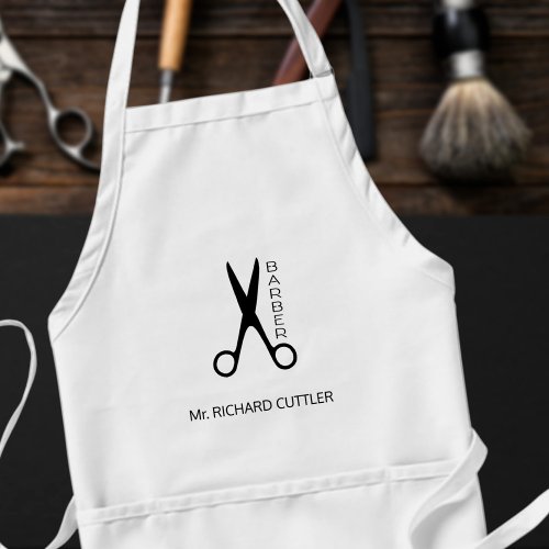 Barbers name and logo barber shop black and white adult apron