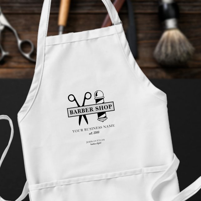 Barbers name and logo barber shop salon modern adult apron (Creator Uploaded)