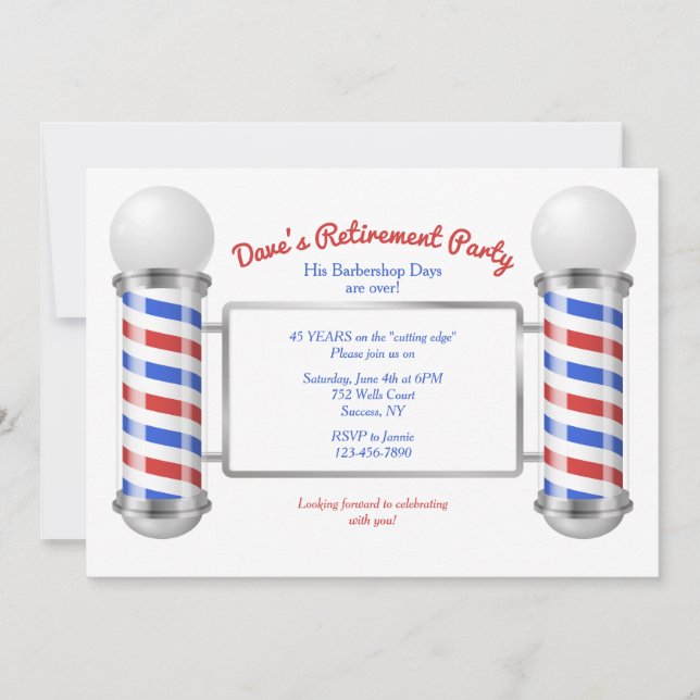 Barber's Pole Retirement Party Invitation (Front)