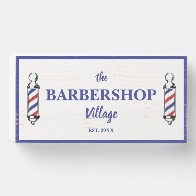 Barbershop Barber Pole Red White Blue Custom Text Wooden Box Sign (Front Horizontal)