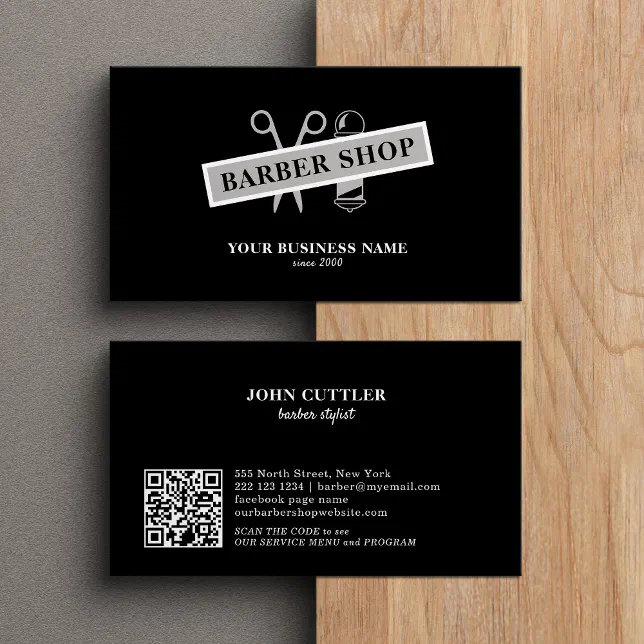 Barbershop barber QR code pole scissor black Business Card | Zazzle
