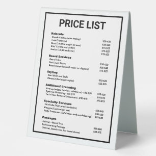Barbershop Barber Shop Price List Service Menu  Table Tent