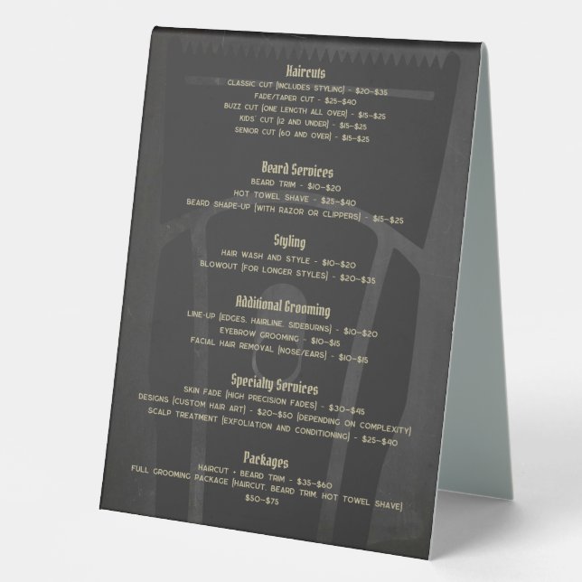 Barbershop Barber Shop Price List Service Menu  Table Tent (Front)