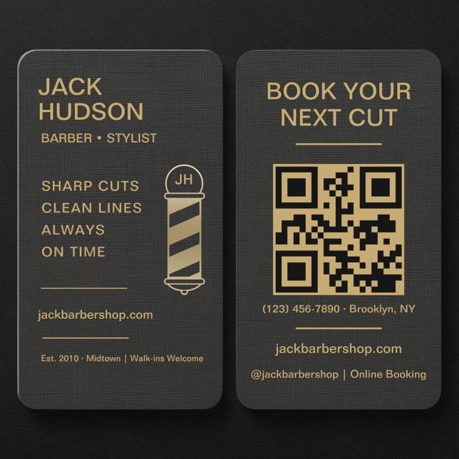 Barbershop Black Linen Gold Barber Haircut  Business Card (Creator Uploaded)
