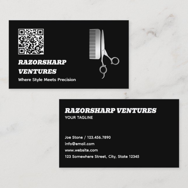 Barbershop Black QR Business Card (Front/Back)