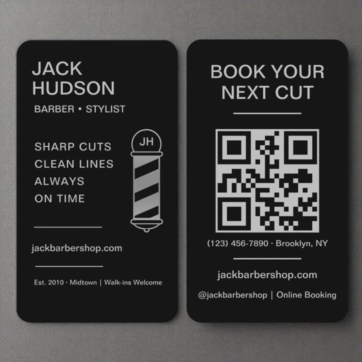 Barbershop Black Silver Barber Haircut QR Code Business Card
