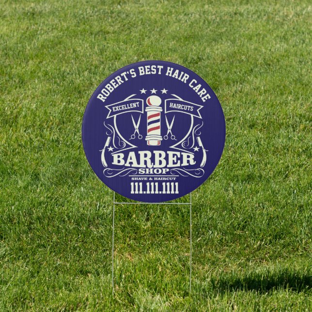 Barbershop Blue Haircut Shave Stylist Sign (Insitu)