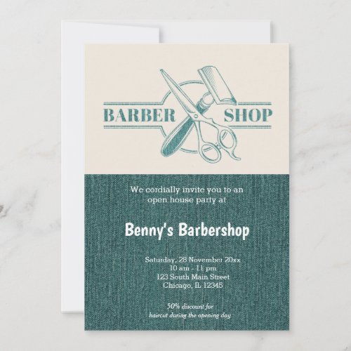 Barbershop blue jeans texture open day invitation