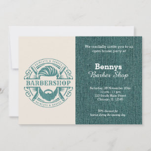 Barbershop blue jeans texture open day invitation