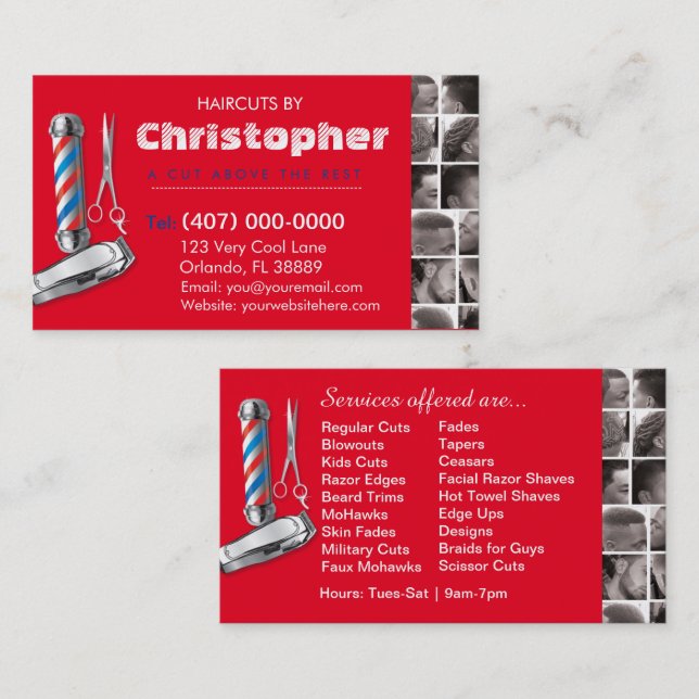 Barbershop Business Card-Barber pole, clippers com Business Card (Front/Back)