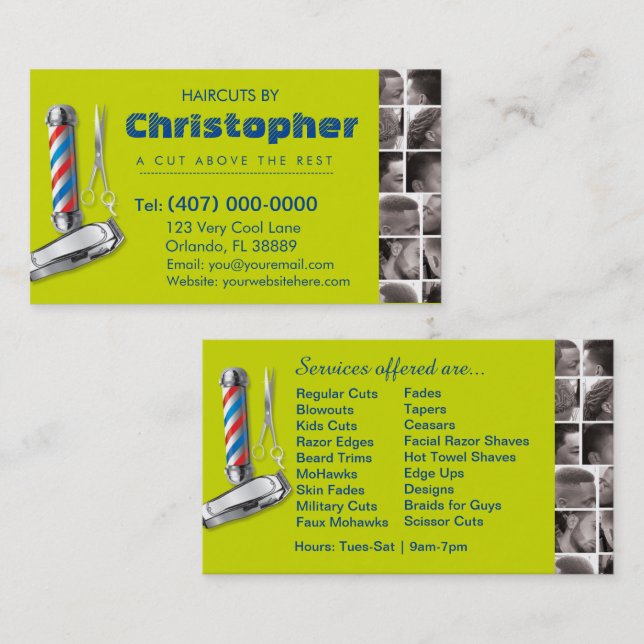 Barbershop Business Card-Barber pole, clippers com Card (Front/Back)