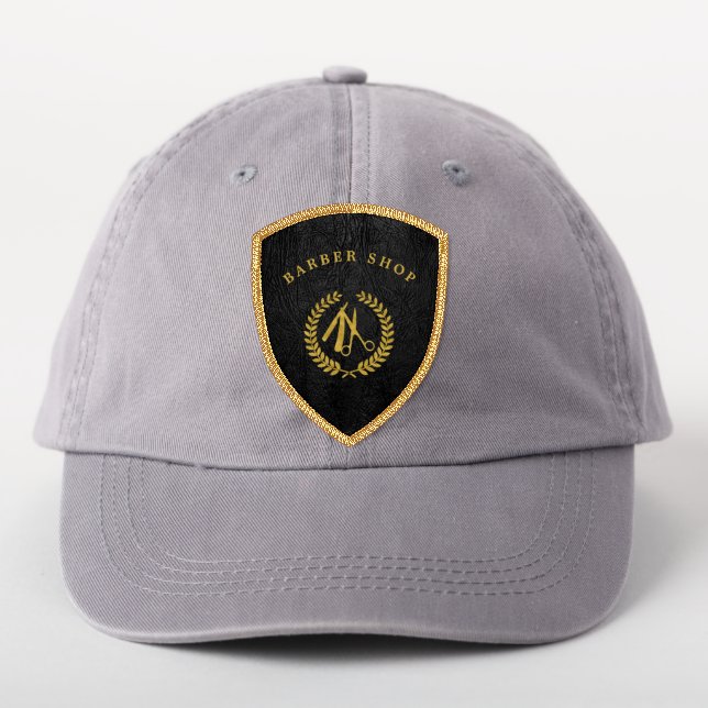 Barbershop business logo barber hat black gold patch (On Headwear)
