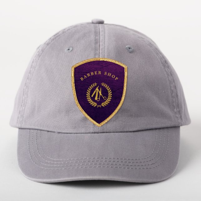 Barbershop business logo barber hat leather gold patch (On Headwear)