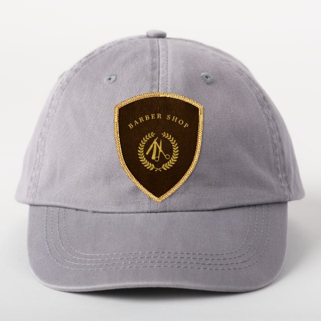 Barbershop business logo barber hat leather gold patch (On Headwear)
