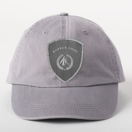 Barbershop business logo barber hat leather gray patch