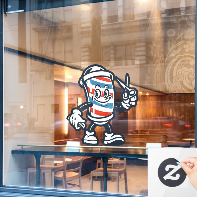 Barbershop Cartoon Barber Pole Character Window Cling (Cafe Window)