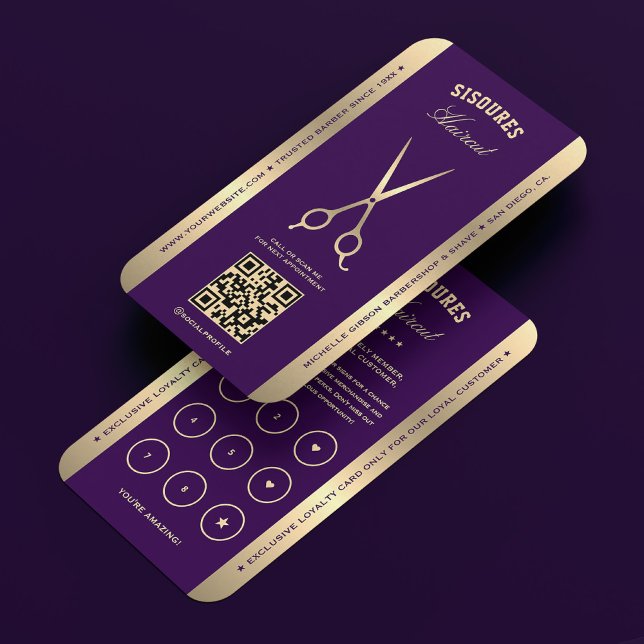 Barbershop Dark Purple Barber Loyalty Card (Barber dark purple gold scissors loyalty business card)