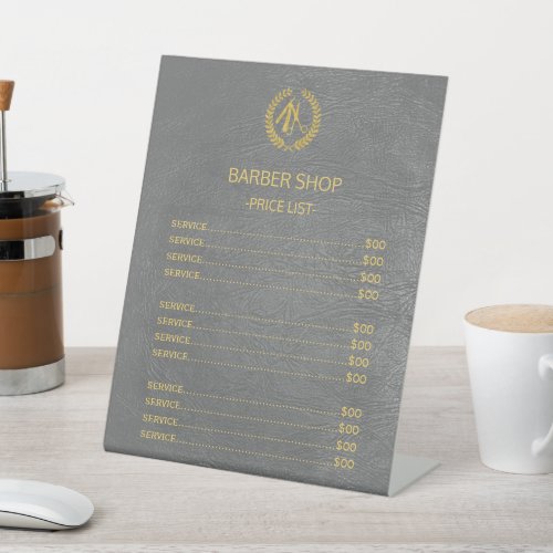 Barbershop faux grey leather price list services pedestal sign