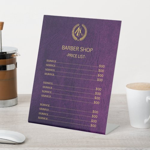 Barbershop faux purple leather price list services pedestal sign
