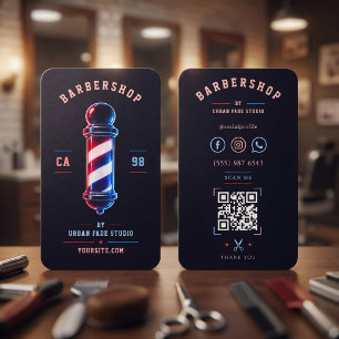 Barbershop Glowing Bold Blue Red Pole Logo Business Card
