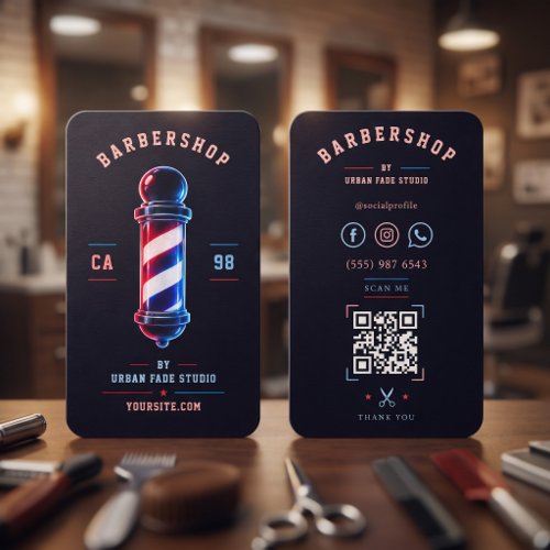 Barbershop Glowing Bold Blue Red Pole Logo Business Card